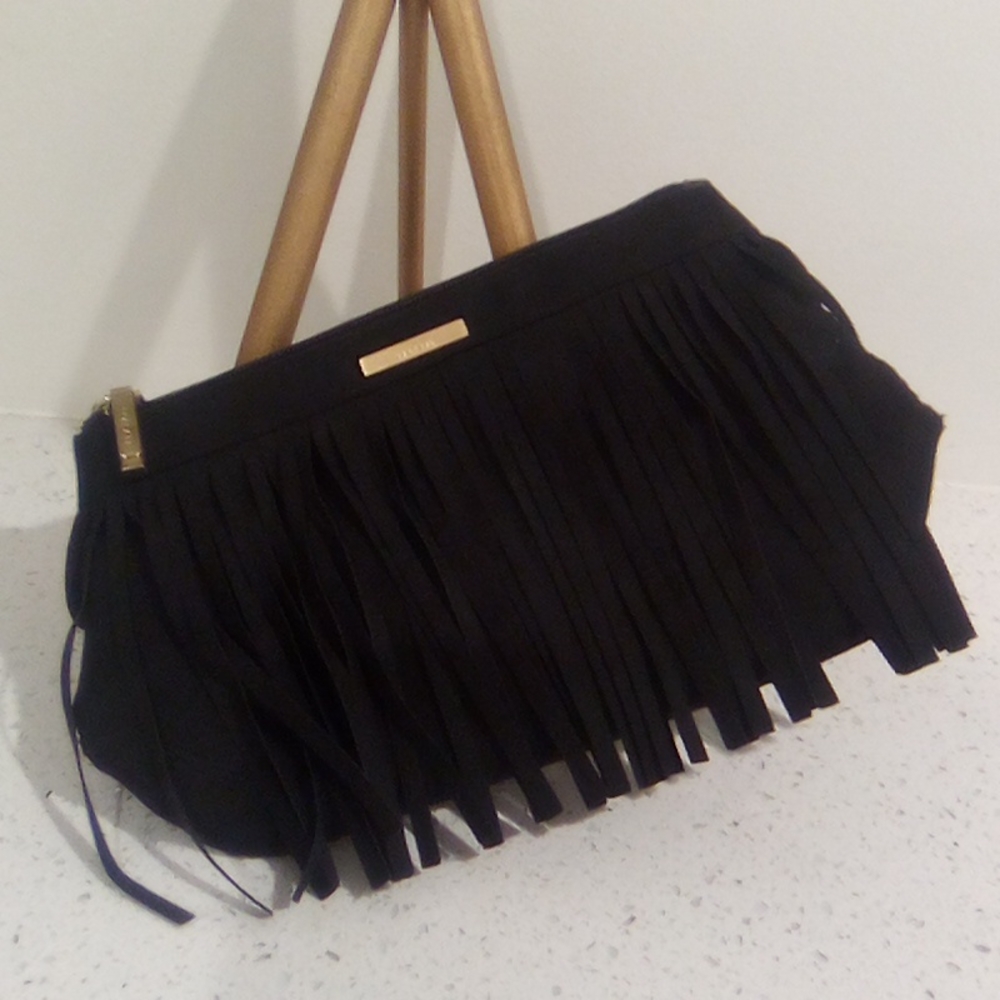 Black Faux Suede Fringe Kestrel Pouch Clutch Bag